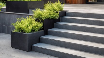 Bright sunlight highlighting minimalist garden landscape, grey stone steps complementing black planters housing lush green vegetation, merging natural and architectural elements