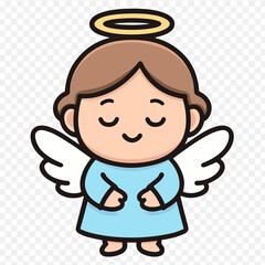 A sweet cartoon angel with light brown hair and a golden halo, wearing a light blue robe and white wings, depicted with a serene expression and hands clasped in front