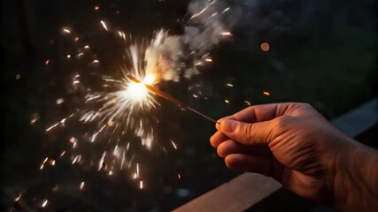 Hand Holding Sparkling Firework: Festive Celebration with Bright Sparks and Smoke - Powered by Adobe