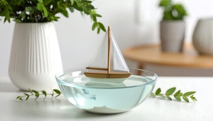 Sailboat model sails on clear water for a whimsical daydream in a bright and airy setting