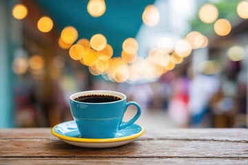 Coffee cup on wooden table with blurred bokeh lights background