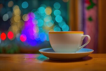 Cozy coffee cup with colorful bokeh lights background