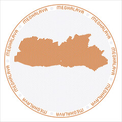 Meghalaya round logo design. State shape build of rings. Meghalaya text around the state. Vector Illustration.