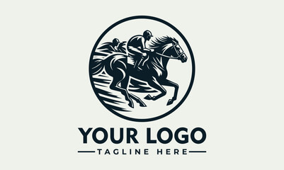 Jockey and horse racing logo design, dynamic monochrome illustration, circular frame.