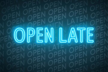 Blue neon sign displaying the words "Open Late" against a dark backdrop this vibrant design communicates extended business hours and nightlife concepts.