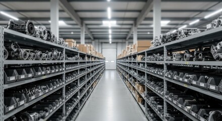 Wideangle view of an orderly warehouse corridor showcasing systematic inventory of replacement parts.
