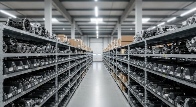 Wideangle view of an orderly warehouse corridor showcasing systematic inventory of replacement parts.