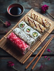 Assorted sushi rolls on bamboo mat with soy sauce