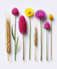 Diverse collection of colorful flowers wheat on white background