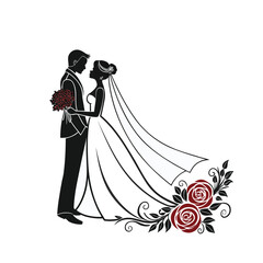Romantic Wedding Couple Silhouette – Elegant Black and White Graphic Illustration for Invitations