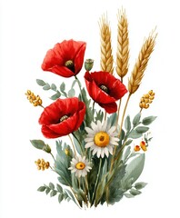 Bouquet of red poppies daisies in wheat field