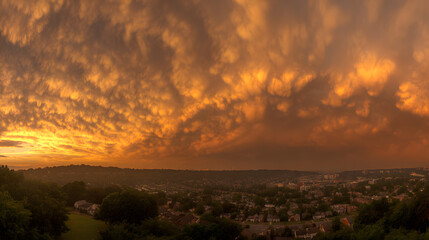 Dramatic golden hour sky with vibrant sunset hues blending into dynamic cloud formations, capturing nature's grandeur.