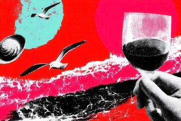 Surreal beach collage with wine glass seagulls vibrant waves