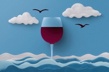 Surreal paper art of wine glass with sea waves clouds