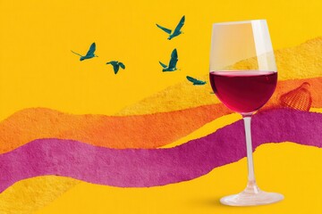 Wine glass with abstract background showcasing vibrant colors birds