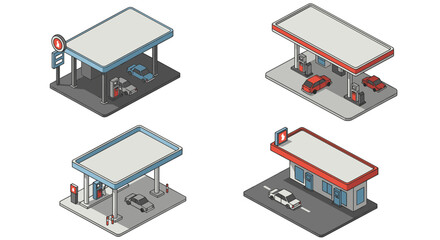 Isometric gas station designs with cars and canopies