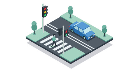 Obraz premium Isometric urban traffic scene with pedestrian and car at crosswalk