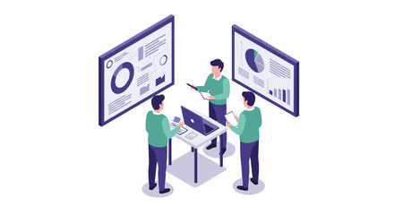 Obraz premium Team analyzing data in an office with charts and laptops in an isometr