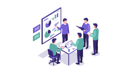 Isometric team meeting with digital devices and presentation charts
