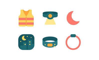 Fototapeta premium Flat design safety gear and nighttime icons set