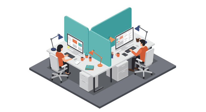 Modern office workspace design with employees at desks in isometric st