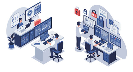 Obraz premium Isometric cybersecurity team in action with monitors and data protecti