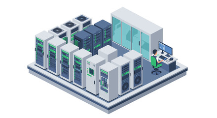 Isometric data center room with server racks and technician at worksta