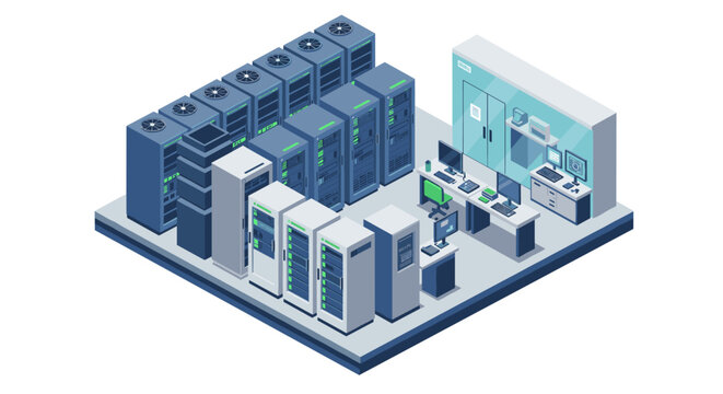 Isometric data center room with servers and workstations in modern des