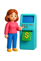 3D Woman Using ATM Machine Isolated on a Transparent Background