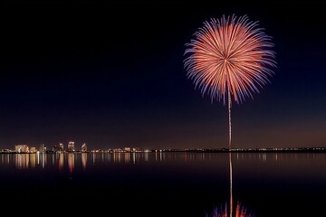 Fireworks illuminate skyline over calm water at night festival celebration