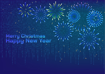 Binary code Merry Christmas and Happy New Year with colorfull firework and stardust.