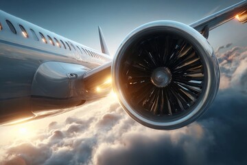Airplane wing and engine soaring above clouds during sunset