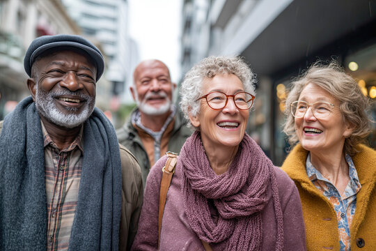 Happy group of senior people walking outdoors