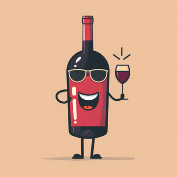 Funny cartoon wine bottle character with sunglasses and wine glass
