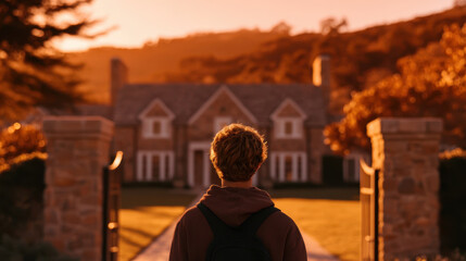 Obraz premium Back to School, young person with backpack walking back to school in front of large house during golden hour with warm autumn colors