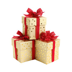 Obraz premium Stacked gold gift boxes with red ribbons