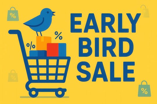 Illustration of a shopping cart with boxes and a bird, featuring the text "Early Bird Sale" on a yellow background, emphasizing discounts and shopping themes.