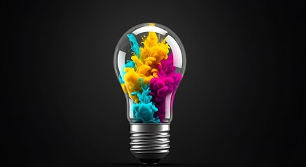 Colorful Ink Explosion Inside a Light Bulb Symbolizing Creative Ideas and Innovative Solutions Against a Dark Background