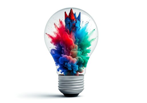 Colorful Paint Explosion in a Light Bulb Representing Creative Idea Generation and Innovation for Design and Marketing