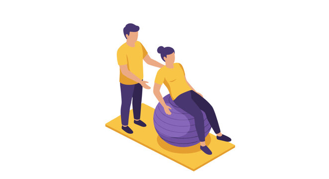 Isometric personal trainer assisting woman on exercise ball for fitnes