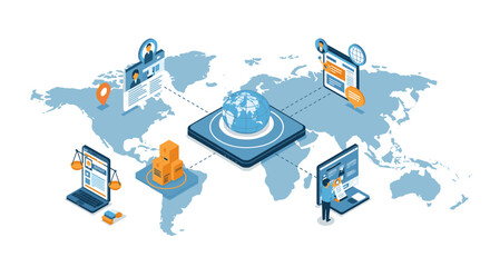 Global communication network concept with digital devices and world ma