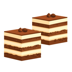 Two delicious square portions of layered tiramisu cake with coffee bean garnish.