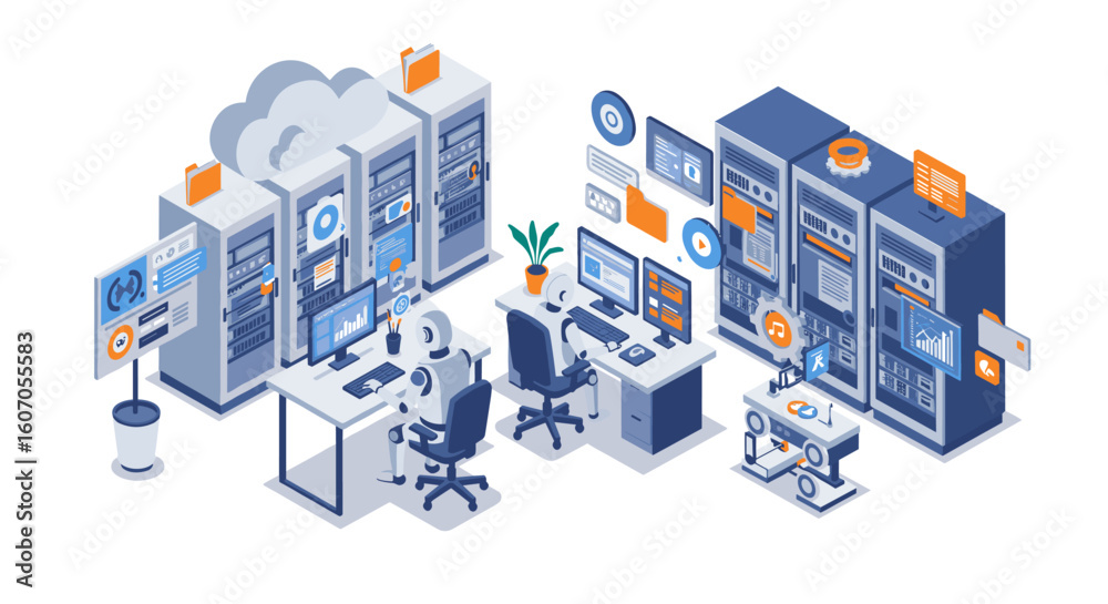 Wall mural modern isometric data center with cloud computing and network manageme