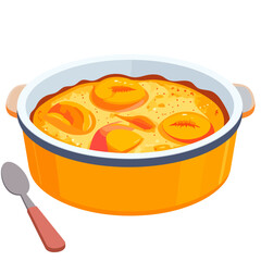 Freshly baked peach cobbler with sliced fruit in a vibrant yellow casserole dish, vector illustration.