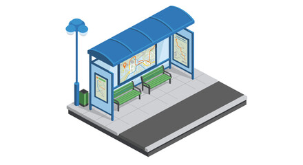 Modern isometric urban bus stop with benches and transit maps