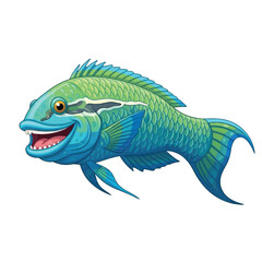 Cartoon fish illustration with a blue and green color scheme, smiling with its mouth open.