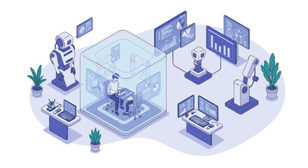 Obraz premium Innovative isometric illustration of futuristic office with robotics a
