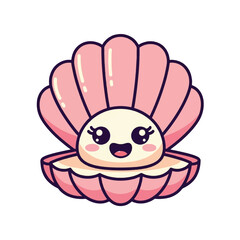 Cute cartoon seashell with happy expression, open and smiling.