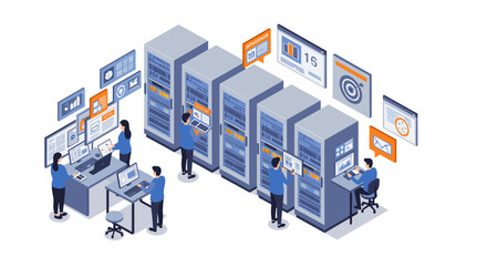 Isometric data center with it professionals and server racks in modern