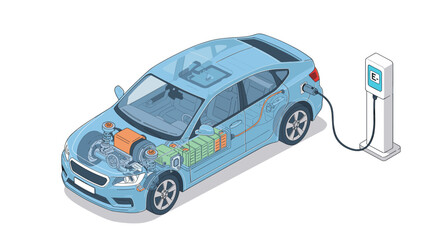 Electric car cutaway showing battery and charging station